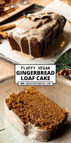 a slice of fluffy vegan gingerbread loaf cake on a plate with the title above it