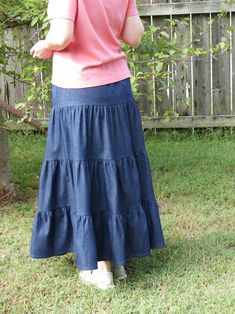 Fitted Cotton Tiered Denim Skirt, Cotton Medium Wash Ruffled Skirt, Cotton Peasant Tiered Skirt, Cotton Tiered Denim Skirt With Ruffles, Denim Blue Cotton Ruffled Skirt, Medium Wash Cotton Skirt With Ruffles, Cotton Denim Blue Tiered Skirt, Medium Wash Cotton Tiered Skirt, Modest Denim Skirts