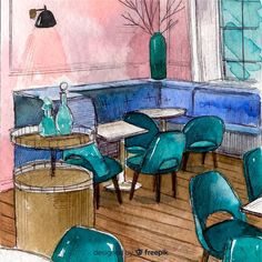 this is a drawing of a restaurant with blue chairs and tables in the middle of it