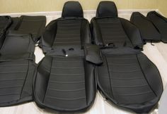 the seats are all lined up and ready to be put into their new car seat covers