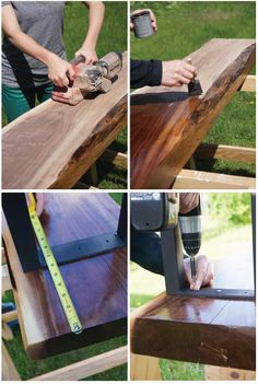 the process for making a bench with wood and tape measures is shown in four different pictures