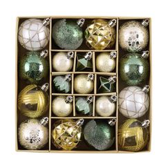 a box filled with lots of different colored christmas ornament ornaments on top of each other