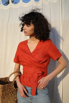 Red Linen Short Sleeve Top, Red Linen Top For Spring, Red Linen Blouse, Wrap Top Outfit, Kimono Wrap Top, Linen Wrap Top, Kimono Sleeve Top, Linen Kimono, Red Kimono