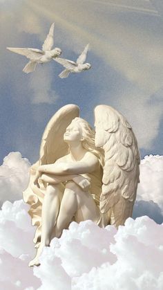 an angel statue sitting on top of a cloud filled sky next to two white birds