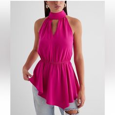 Modern And Unique, This Top Features A Chic Cutout Halter Neckline & An Asymmetrical Hem For A Stylish Look. Halter Neck Sleeveless; Invisible Zipper Closure Cinched Waist Chest Cutout; Asymmetrical Hem Color: Neon Berry Polyester/Spandex Machine Wash *Available In Pitch Black And Swan In Separate Listings Chic Sleeveless Blouse For Going Out, Chic Asymmetrical Halter Top For Summer, Chic Asymmetrical Halter Top For Spring, Halter Neck Tops For Going Out In Spring, Chic Spring Halter Top For Going Out, Asymmetrical Halter Top For Spring, Chic Solid Color Halter Top, Pitch Black, Halter Tank