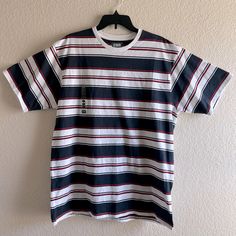 Csg Xl Twin Stripe T-Shirt. Navy,White,Red. Never Been Worn, No Stains Or Tears. 100% Cotton Pet & Smoke Free Home. Casual Striped Crew Neck Shirt, Casual Striped Short Sleeve T-shirt, Striped Cotton Top For Streetwear, Striped Relaxed Fit T-shirt With Graphic Print, Striped Cotton Shirt With Graphic Print, Casual Striped Crew Neck T-shirt, Casual Striped T-shirt For Streetwear, Striped Short Sleeve T-shirt For Streetwear, Striped Graphic Print Shirt For Streetwear