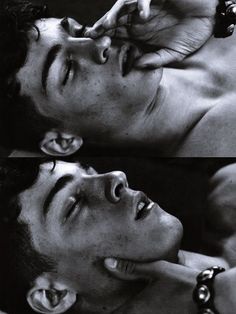 two pictures of a man laying down with his hand on his head and the other side of his face