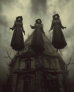 three creepy women standing on top of a tall building in front of a dark sky