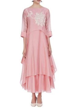 Shop for Taika by Poonam Bhagat Pink Chanderi Embroidered Tunic With Anarkali for Women Online at Aza Fashions Sleeveless Anarkali, Short Anarkali, Asymmetric Tunic, Layered Style, Pink Thread, Women Kurta, Embroidered Tunic, Suit Designs, Thread Work