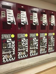 a row of lockers with posters on them