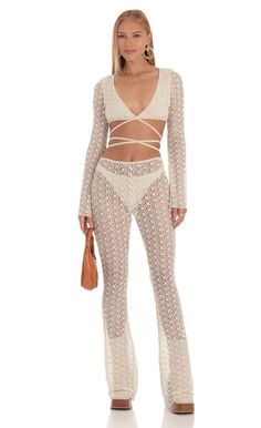 Crochet Two Piece, Lace Corset Dress, Crochet Pants, Lucy In The Sky, Two Piece Pants Set, Loungewear Jumpsuit, Pants Style, Embroidered Fabric, Beige Fabric