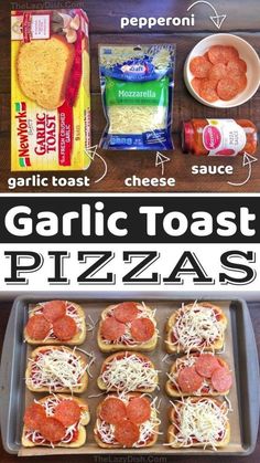 the ingredients to make garlic toast pizzas are shown