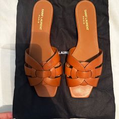 Brand New, Never Worn. Received As A Gift But They Are 1/2 A Size Too Big. I Am Typically A Us 7.5 And I Would Have Needed A 38 In These. Perfect For Someone Who Is A Size 8. Designer Almond Toe Sandals With Leather Sole, Designer Sandals With Padded Flat Heel, Ysl Tribute, Shoes Ysl, Yves Saint Laurent Shoes, Hot Heels, Saint Laurent Shoes, 2 A, Flat Sandals