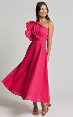 Dixie Midi Dress - Linen Look One Shoulder Ruffle Dress in Raspberry | Showpo USA One Shoulder Ruffle Dress, Pink A Line Dress, Cotton Dress Fabric, Basic Black Dress, Bachelorette Dress, Spring Maxi Dress, Shoulder Ruffle Dress, Neon Outfits, Navy Bridesmaid Dresses