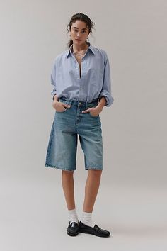 Spring Outfits Shorts, Long Denim Shorts Outfit, Jort Outfits, Seoul Summer, Long Denim Shorts, Denim Shorts Outfit, Dream Outfits, Knee Length Shorts, Blue Fits