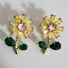 These Are Stunning In Person! These Have So Much Sparkle! They Are Of High Quality And Very Well Made, They Are Stamped 925 On The Posts, I Tried To Get A Photo Of It. These Are Gold Vermeil, Sterling Under The Gold. The Colors Are Amazing Together! The Pink And Yellow Daisy Bloom With The Emerald Green Petals Is Just Gorgeous! I Would Wear These For Any Formal Event Even A Wedding! Perfect Gift For Bride To Give Bridesmaid. These Are 1" Tall. Not Too Heavy But Not Cheap Lightweight Either. Thes Yellow Flower Jewelry For Anniversary, Yellow Flower Shaped Jewelry For Anniversary, Yellow Flower-shaped Jewelry For Anniversary, Elegant Yellow Flower Shaped Earrings, Elegant Yellow Flower-shaped Earrings, Yellow Flower Jewelry With Matching Earrings, Yellow Sterling Silver Flower Jewelry, Pearl Earrings Handmade, Givenchy Earrings