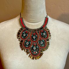 Never Worn. I Think It’s Stunning.. But Not My Style. Somebody Own This Beauty! Multicolor Jeweled Beaded Necklace For Party, Red Metal Jewelry With Colorful Beads, Jeweled Beaded Necklaces For Party, Adjustable Beaded Metal Rhinestone Necklace, Bohemian Metal Beaded Necklaces For Party, Multicolor Beaded Rhinestone Necklace For Party, Bohemian Beaded Necklaces For Party, Bohemian Rhinestone Necklace For Festivals, Orange Costume Jewelry Necklace For Party