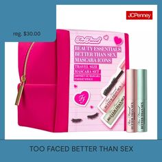 Get voluptuous volume and dramatic length with the Too Faced beauty essentials: better than sex mascara icons set! This packable duo includes travel sizes of better than sex mascara in both original and waterproof formulas for mind-blowing lashes, rain or shine. Benefits: Voluptuous volume Longer lashes Hourglass-shaped brush helps coat every lash Cruelty free Ophthalmologist tested Suitable for contact lens wearers Features: 2 travel size mascaras Set includes both original and waterproof form… Mascara Too Faced, Longer Lashes, Mascara Set, Contact Lens, Rain Or Shine, Long Lashes, Contact Lenses, Too Faced, Mind Blowing