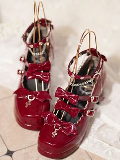 ❤︎Patent leather double ribbon Lolita shoes❤︎ Witch Shoes, Goth Shoes, Punk Shoes, Elegant Halloween, Metal Cross, Platform Block Heels, Patent Shoes, Aesthetic Shoes, Red High