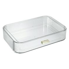 a clear plastic container with gold handles