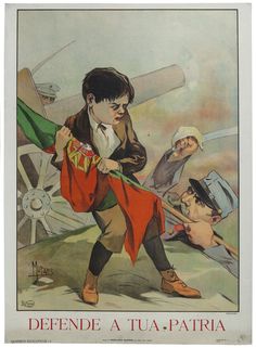 an old poster with a boy holding a flag and other children in the back ground