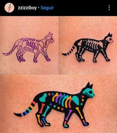 three different colored tattoos on the back of someone's arm with cats and bones