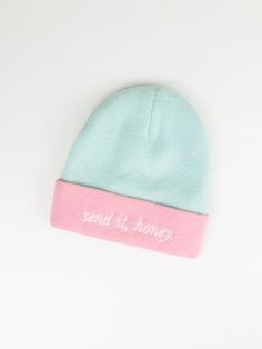 Hit the slopes, the trail, or the town in style with this adorable ribbed knit beanie in a fun two-tone pink and blue color, adorned with embroidered 'send it, honey.' One size fits most. Material has some stretch. Ski Like a Girl was established in 2017, in Bozeman, Montana, by longtime Heyday collaborator, Kimmie. The Ski Like a Girl line of apparel, accessories, and stickers is designed to push the boundaries and encourage women and girls to get into the mountains and enjoy the outdoors. Proudly printed in Bozeman, Montana. Ribbed Knit Beanie, Honey Candy, Bozeman Montana, Ski Girl, Ski Shop, Like A Girl, Women Encouragement, Knit Beanie, Cotton Candy