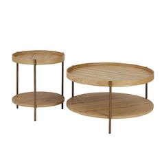 two round wooden tables sitting next to each other