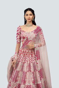 Cerise pink applique and embellished heavy kali mirror work tissue lehenga with broad lehenga border, blouse and broad border net dupatta. Pink Chandbali Choli For Eid, Pink Sharara For Navratri, Designer Pink Lehenga With Sheer Dupatta, Pink Sharara For Reception Navratri, Pink Sharara For Reception And Navratri, Pink Lehenga With Sheer Dupatta For Navratri, Pink Sharara With Dori Work For Reception, Designer Pink Sets For Navratri, Pink Sets For Navratri Reception