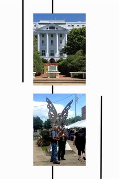 two pictures of people standing in front of a building and an image of a butterfly