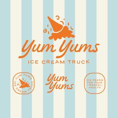 the yum gums ice cream truck is shown in orange and blue striped paper