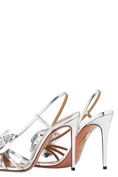 Aquazzua paris rose sandal in silver. SPECCHIO SHINY Heel Height: 105mm Made in IT Luxury Metallic Silver Open Toe Sandals, Rene Caovilla Silver Heels, Aquazzura Silver Heels, Aquazzura Pink Heels, Silver Heels Farfetch, Aquazzura Shoes, Marissa Collections, Resort Collection, Small Gifts