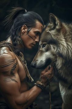 a native american man and his wolf in front of a dark background with only the eyes visible