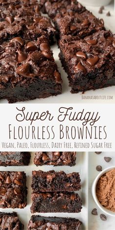 chocolate fudge brownies are cut into squares and placed on a white plate with cocoa chips