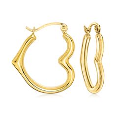 Ross-Simons - 10kt Yellow Gold Heart-Shaped Hoop Earrings. 3/4". Canaria fine jewelry. Perfect for everyday wear, these genuine 10kt gold wardrobe essentials are fashionable, fun and designed to last a lifetime. Strong and durable, our collection of gold classics is always a great value. These 10kt yellow gold heart-shaped hoop earrings are a playful departure from more traditional hoops. Work them into your daily rotation to have some fun with your personal style. Hanging length is 3/4". Snap-b Yellow Gold Hoop Earrings For Valentine's Day, Yellow Gold Open Heart Huggie Earrings, Hypoallergenic Hoop Earrings For Valentine's Day Anniversary, Valentine's Day Tarnish-resistant Yellow Gold Hoop Earrings, Gold Wardrobe, Yellow Heart, Heart Shaped Earrings, Fine Jewelery, Gold Piece