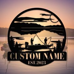 a metal sign that says custom name with two people on a boat in the water