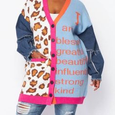 Jean Sweater Cardigan Trendy Letter Print Outerwear For Fall, Oversized Letter Print Outerwear For Fall, Fall Outerwear With Letter Print And Long Sleeves, Chic Patchwork Cardigan For Fall, Chic Fall Patchwork Cardigan, Multicolor Letter Print Outerwear For Fall, Multicolor Letter Print Outerwear For Winter, Multicolor Letter Print Winter Outerwear, Trendy Multicolor Letter Print Outerwear