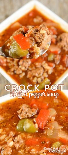 two bowls of crock pot chili pepper soup with a spoon full of the soup