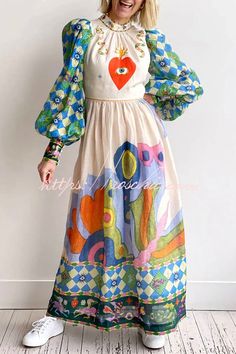 Dear To My Heart Unique Print Lantern Sleeve A-line Midi Dress – roschic Spring A-line Patchwork Dress, Spring A-line Dress With Patchwork, Summer Patchwork A-line Maxi Dress, Retro Patchwork Dresses For Spring, Vacation Wear, Comfortable Room, Heart Dress, Fashion Board, French Blue