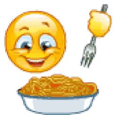 an emoticive smiley face holding a fork and bowl of food