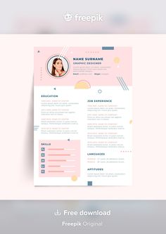 a pink and blue resume template on a white background with the words freepik