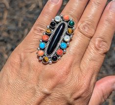 Statement Ring Navajo Handmade Silver and Natural Stones Cluster size 8.25 *** Silver Statement Jewelry, Navajo Ring, Ring Cluster, Navajo Rings, American Culture, Native American Culture, Southwestern Style, American Jewelry, Exquisite Jewelry