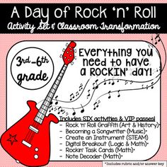 a flyer for rock'n'roll with an image of a guitar and notes