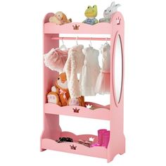 This mirrored children's wardrobe dresser is made from high-quality MDF for high gloss and extended service life. Rounded corners protect children from scratches and injuries. The children's closet with 3 storage racks and a clothes hanger provides ample storage space for children's items such as clothes, shoes, toys, hats and other pretend play accessories. The perfect size full-length mirror allows children to easily dress up and stimulate their imagination. Specification Color: Pink Material: Kids Dress Up Storage, Storage With Mirror, Kids Armoire, Drawer Bookshelf, Wood Closet Systems, Closet Mirror, Dress Up Storage, Kids Clothing Rack, Armoire Dresser