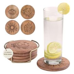 the coasters are made from wood and have lemon slices on them, along with a glass of water