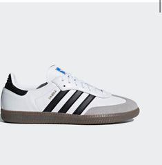 White and Black Sambas Sports Leather Skate Shoes With Contrasting Heel, Leather Skate Shoes With Contrasting Heel For Sports, Leather Skate Shoes With Contrasting Heel Counter For Sports, Adidas Urban Sneakers With Gum Sole, Adidas Suede Sneakers For Skateboarding, Adidas Urban Skate Shoes With Contrast Sole, Adidas Urban Leather Sneakers, Leather Skate Shoes With Boost Midsole, Adidas Leather Skate Shoes