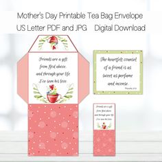 the mother's day printable tea bag envelope is shown in pink and green