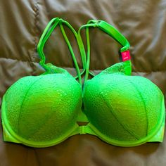 Victoria’s Secret Pink Date Push Up Bra Neon Green Lace With Strappy Fashion Back Details Front Closure Green Bra With Integrated Support, Green Push-up Bra With Padded Cups, Green Push-up Bra For Summer, Green Stretch Push-up Bra, Green Summer Push-up Bra, Summer Green Push-up Bra, Green Stretch Bra For Spring, Spring Green Stretch Bra, Neon Bra