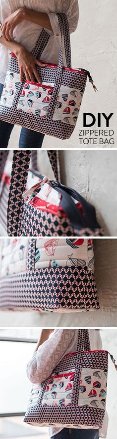 two pictures show how to sew a handbag