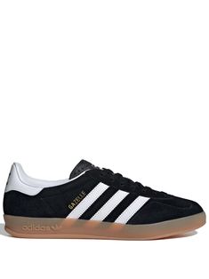 Gazelle Indoor sneaker by ADIDAS in black suede with white leather bands and brown rubber tongue and sole. This item is in size 7½ and the color is Suede Skate Shoes With White Rubber Sole, White Sole Suede Skate Shoes, High-top Suede Sneakers With Rubber Heel Cap, Classic Suede Skate Shoes With White Sole, Adidas Classic Custom Sneakers With Gum Sole, Adidas Lace-up Sneakers With Rubber Heel Cap, White Suede Sneakers With Rubber Heel Cap, Adidas Suede Low-top Skate Shoes, Adidas White Suede Skate Shoes